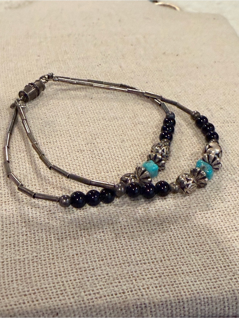 Vintage Liquid Silver Double Strand Turquoise & Black Obsidian Beaded Bracelet